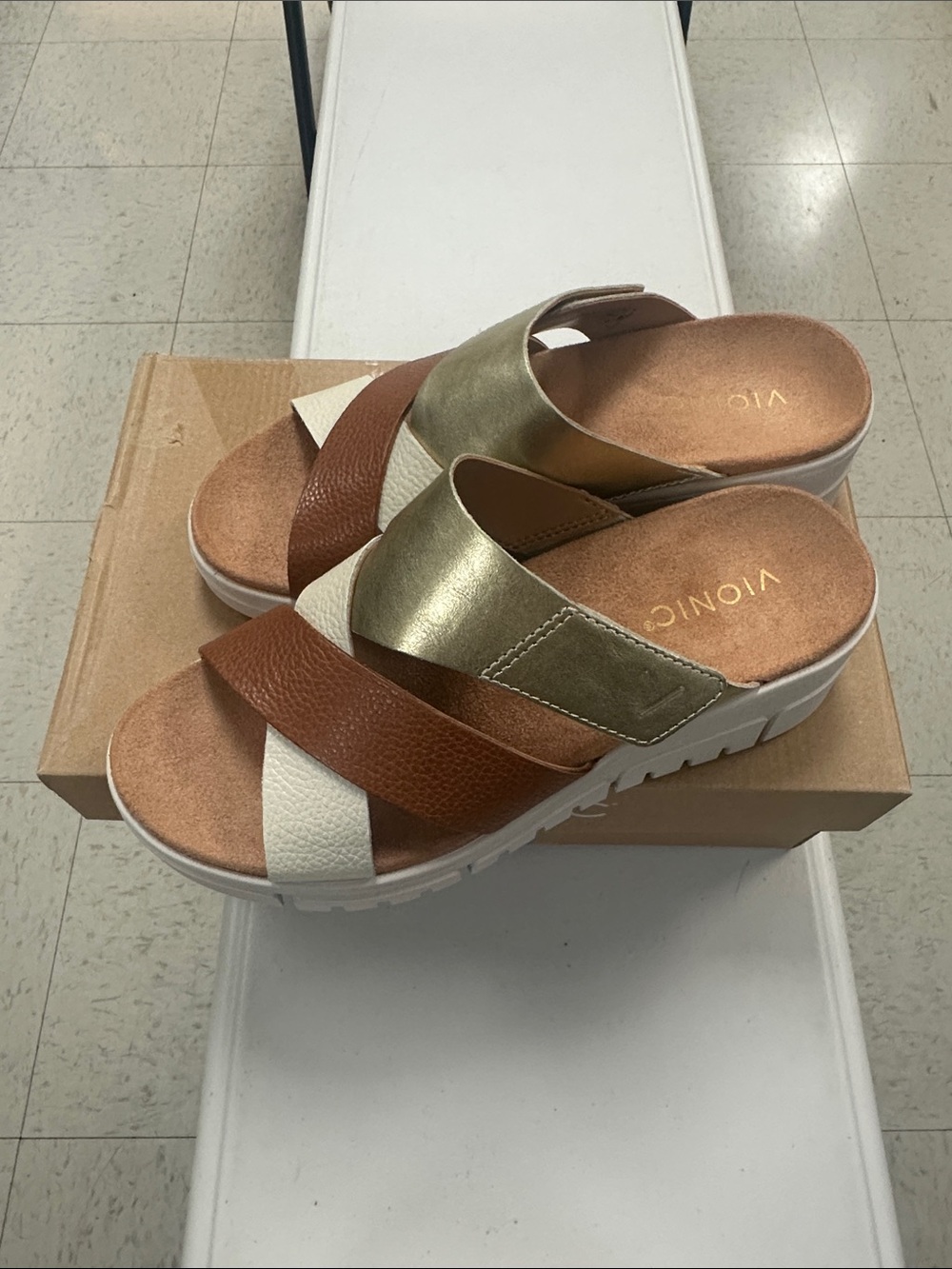 Vionic Women's Uptown Sunset Leather, Cream, and Gold Cross-Strap Slide Mule